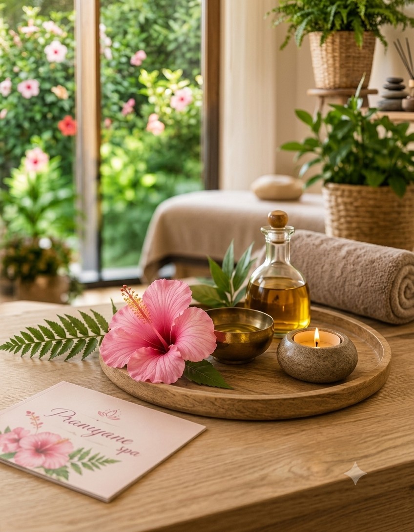 Plateau de bien-être avec fleur d'hibiscus, huile de massage et bougie, vue sur le jardin du cabinet