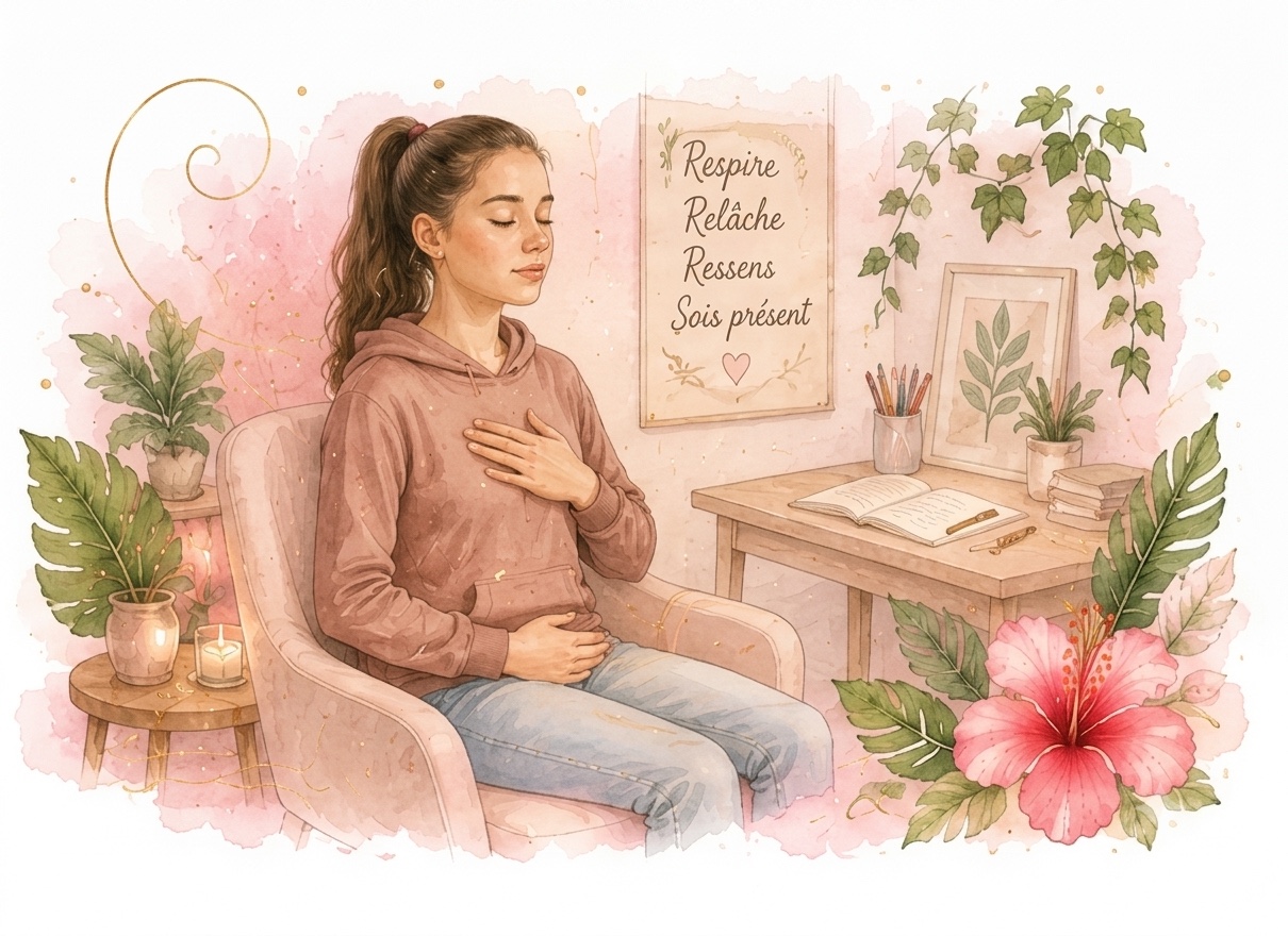 Jeune femme en séance individuelle de sophrologie, exercice de respiration